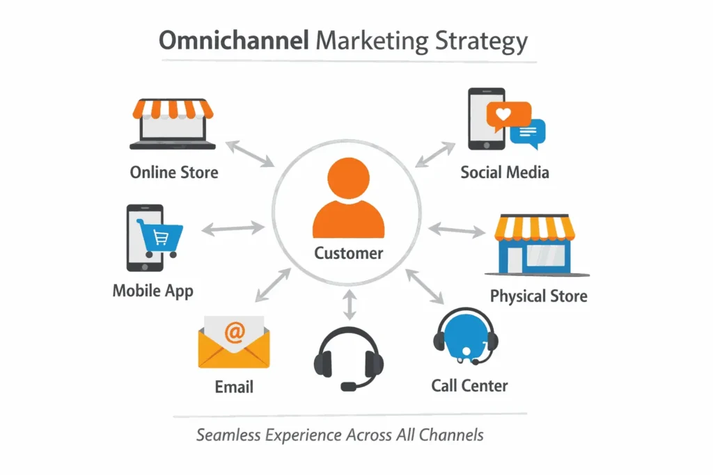 Visual illustration of an omnichannel marketing strategy with a customer at the center linked to online store, mobile app, email, social media, physical store, and call center for a seamless experience.