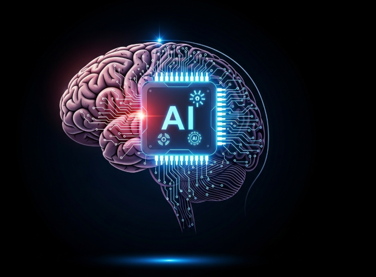 Digital illustration of a human brain connected to an AI processor representing the future of AI content marketing and generative AI technology.