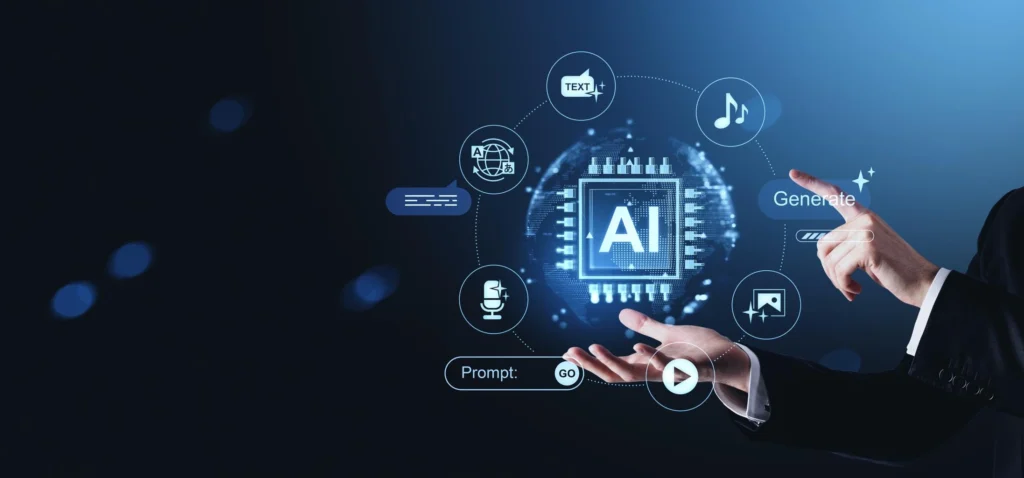 AI technology interface generating digital media illustrating the power of AI content marketing.